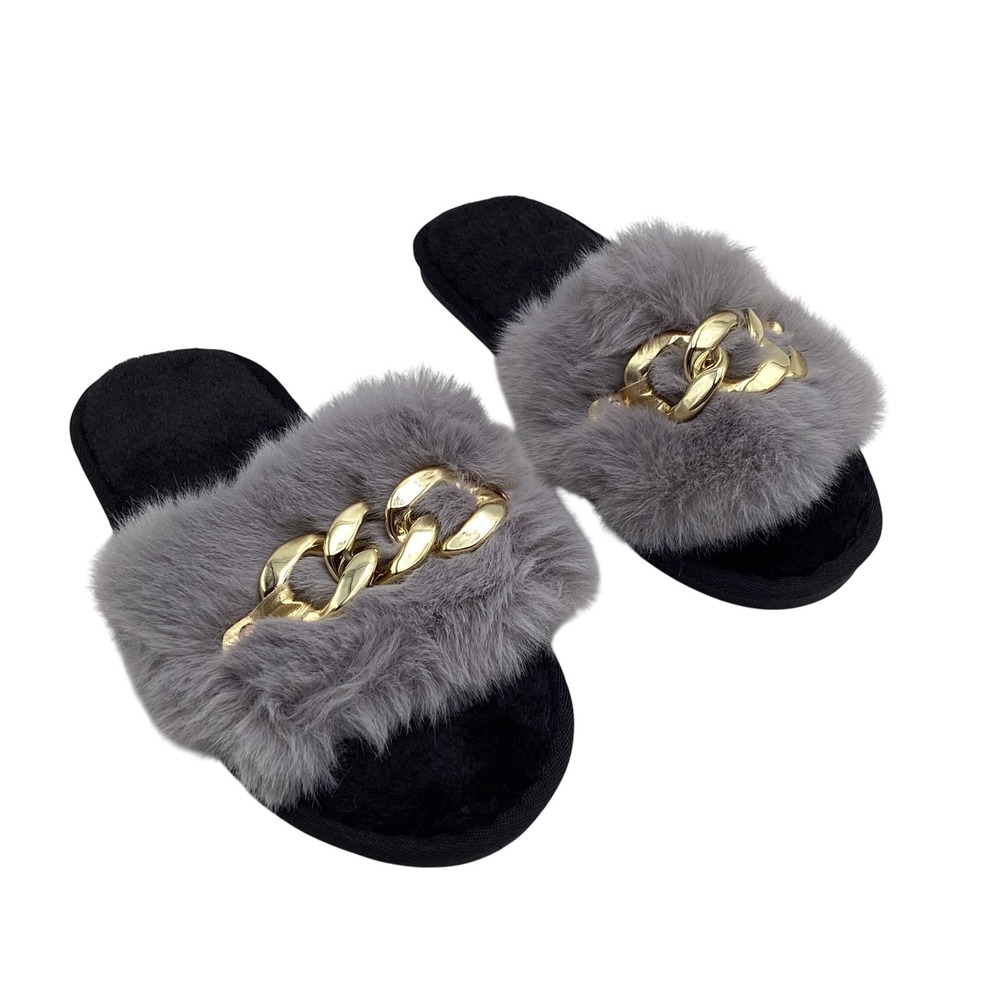 Grey Faux Fur Chain Slide Slippers Black Gold Detail‎ House Shoes Size 41-42